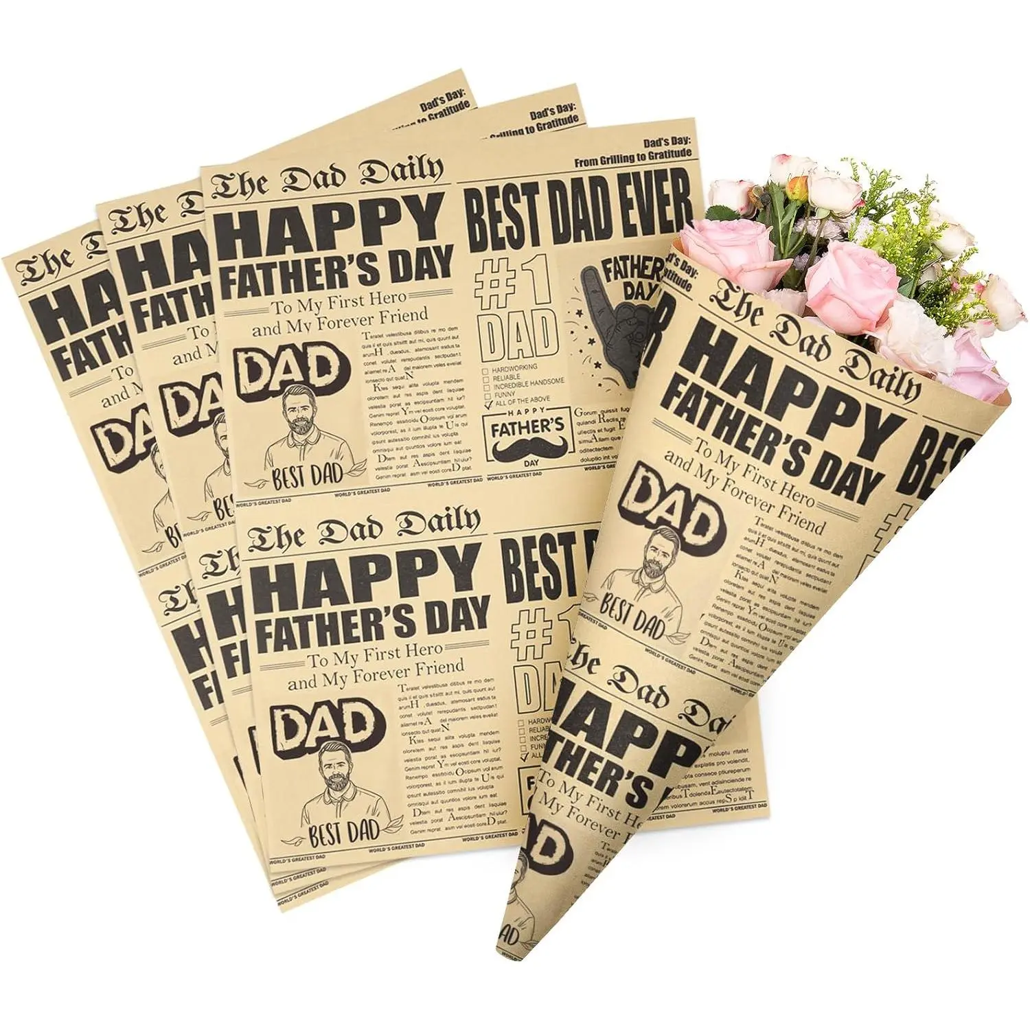 RUSPEPA Durable Kraft Paper - 10 Sheets Vintage Brown Newspaper Flower Wrapping Paper for Florists, Father's Day (Dad Gifts), Wedding Flower DIY Floral Packaging (Office Stationery & Gift Wrapping Supplies), Paper Gifts, Gift Wrapped