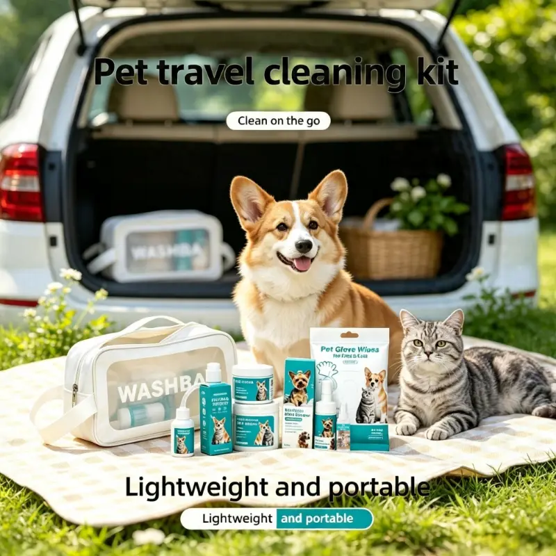 7 in 1 Pet Grooming Cleaning Kit with Storage Wash Bag Paw Foam Cleaner Dental Finger Wipes Ear Drops Eye Wipes Glove Wipes Deodorizing Spray for Dogs Cats Travel Care Set