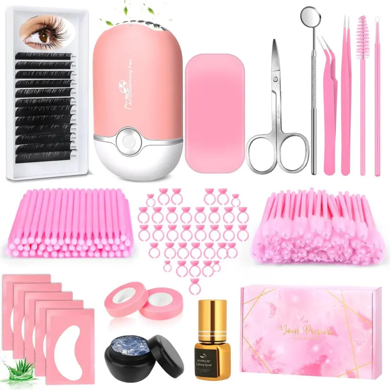 Professional Eyelash Extension Kit for Beginners - Complete Lash Tech Practice Set with D-Curl Lashes (0.07mm), Quick-Dry Glue, Fan Dryer, Tweezers & Eye Patches DIY Lash Supplies