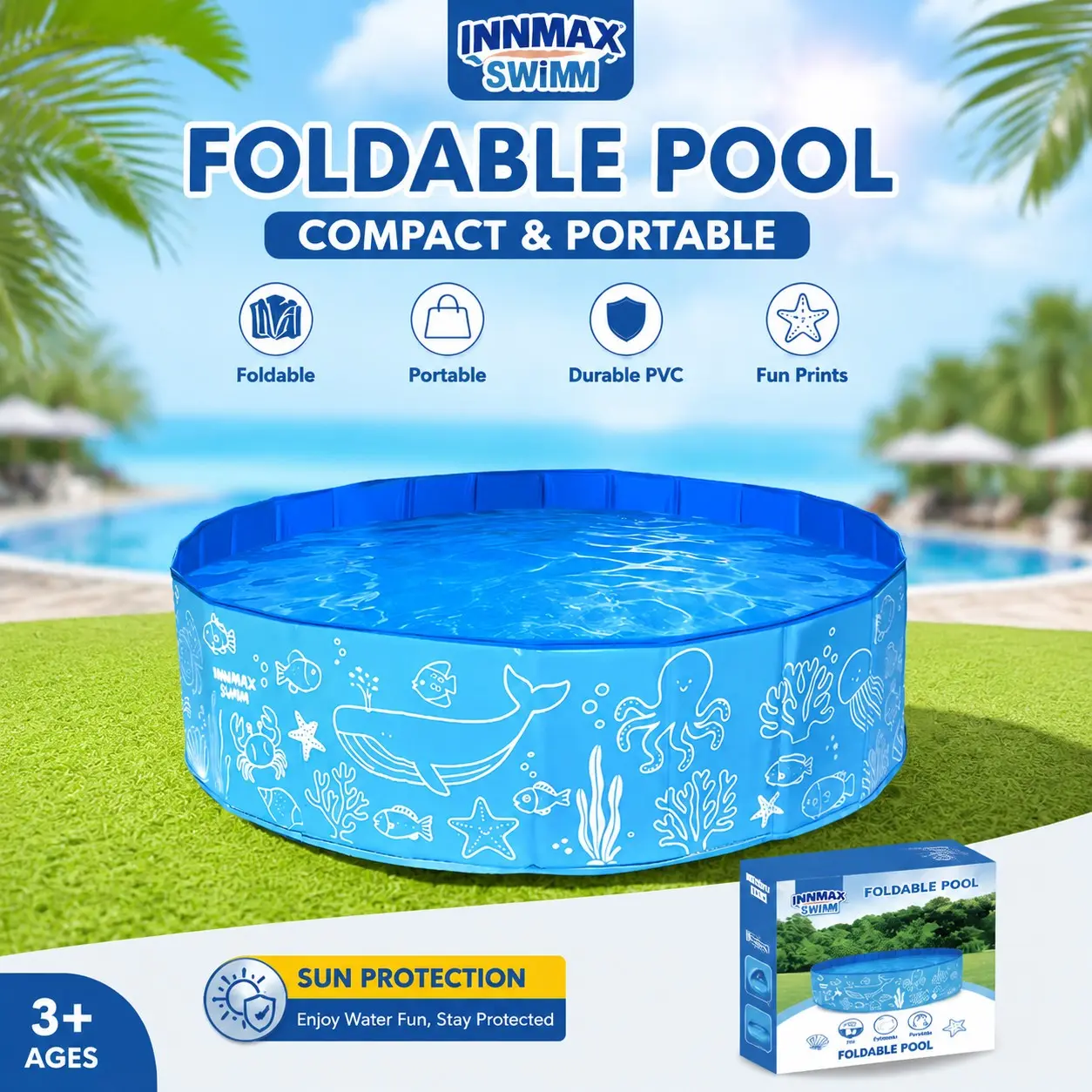 47in Portable Foldable Water Pool, Ocean Blue Design, Ideal for Summer Play, Indoor Outdoor Use, Bathroom, Courtyard, Pool, Beach