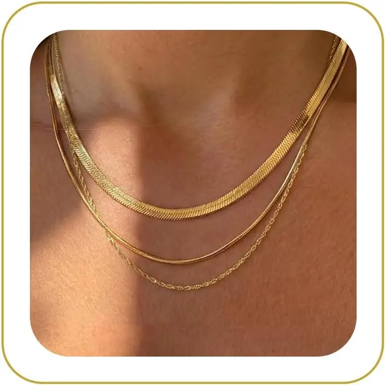 Layered Necklaces for Women Non Tarnish- Chunky 14k Gold Plated Herringbone/Snake/Rope/Box/Cuban Link Chain for Women Waterproof Layering Stack Choker Necklace Trendy Dainty Tarnish Free Jewelry Set
