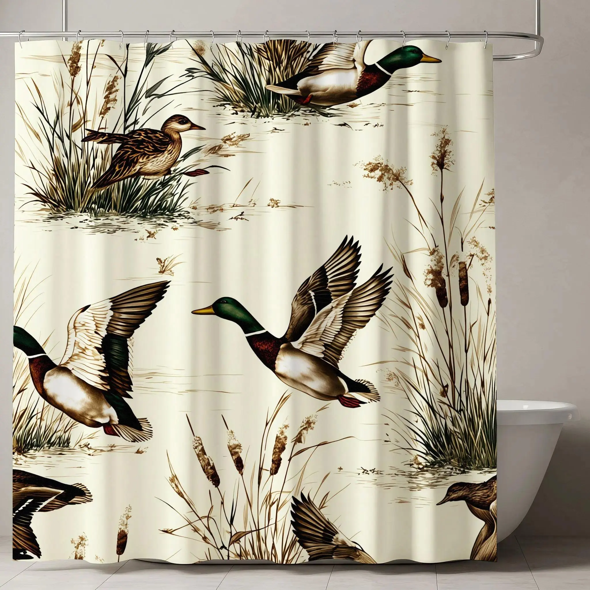 Vintage Mallard Ducks Shower Curtain, Rustic Cream Decorative Bathroom Accessory, Wildlife Print, Charismatic Outdoor Theme, Ideal for Spring Refreshment, Bathroom Decoration Accessories, Bath Curtains Shower