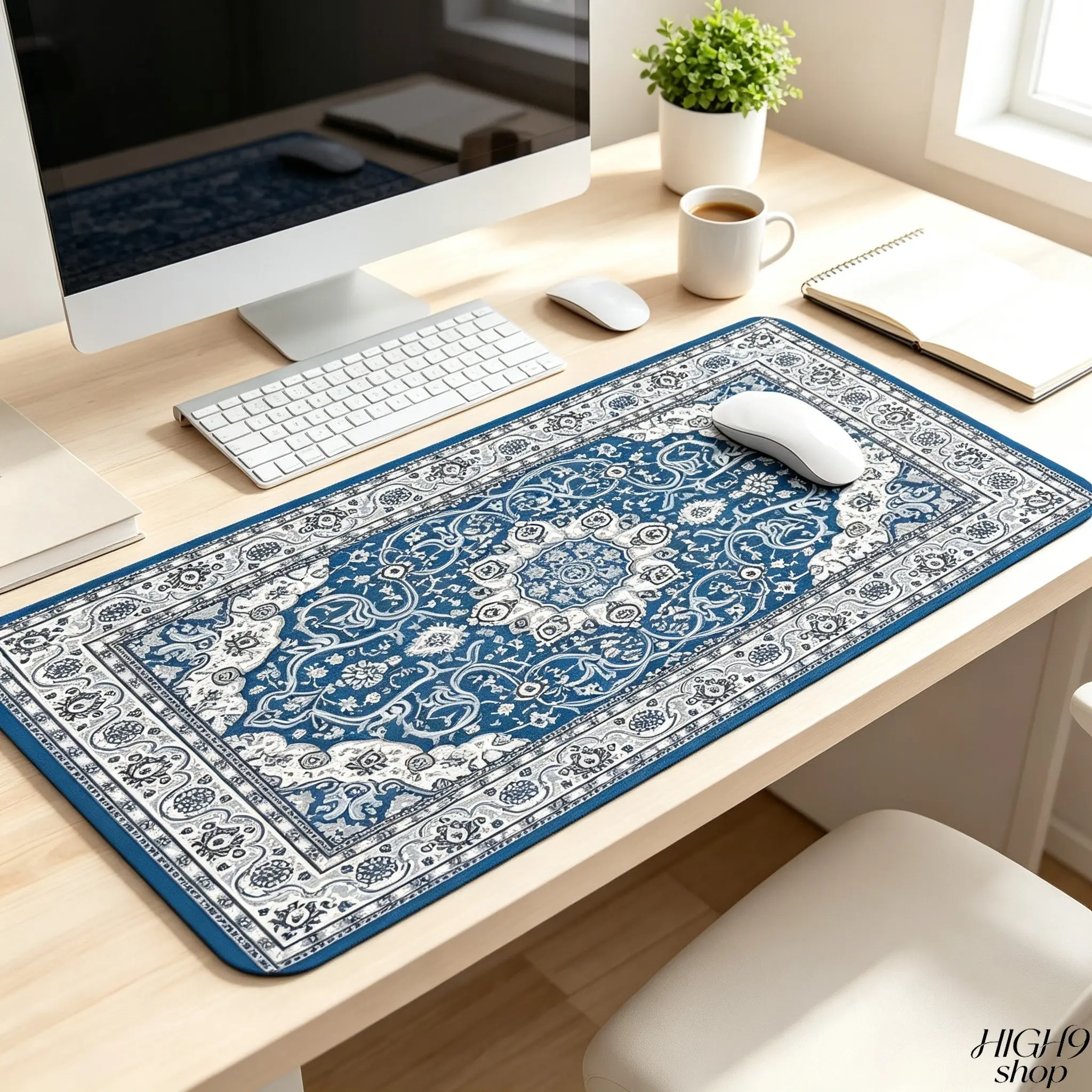 Vintage Persian Oriental Blue Floral Extended Gaming Mouse Pad, Non-Slip Rubber Base Stitched Edge Large Desk Mat, Aesthetic Desktop Protector for Home Office & Gaming Room