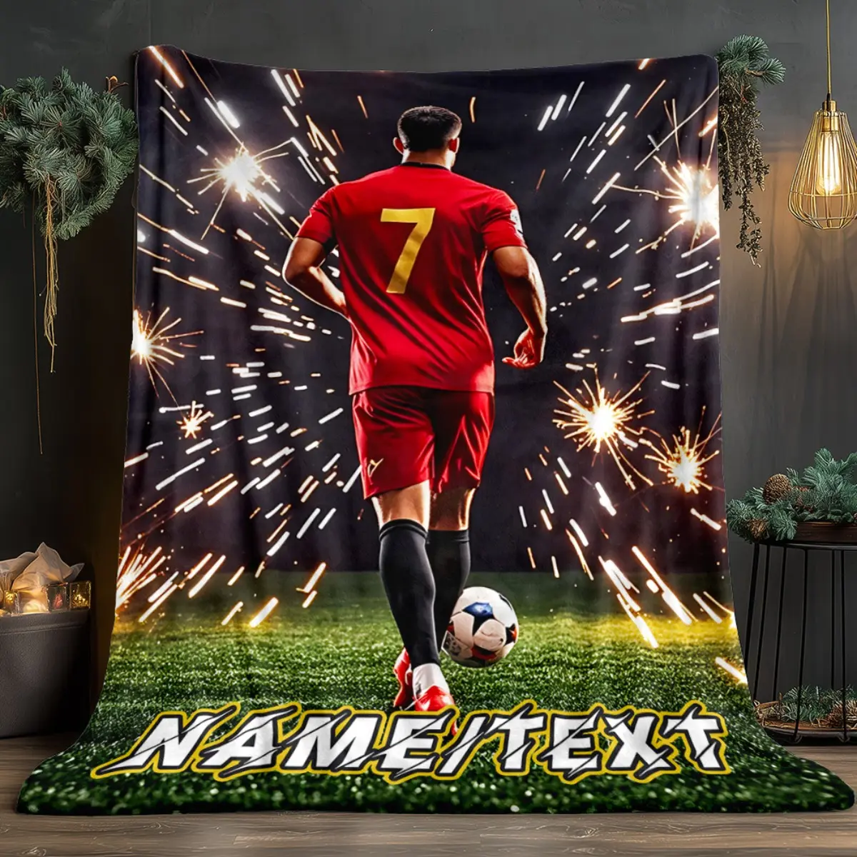 Custom Name Soccer Player#7 Flannel Throw Blanket Sparkler Night Grass Field Print Personalized Soft Cozy Lightweight Blanket for Football Fan Room Decor Sport Lover Gift