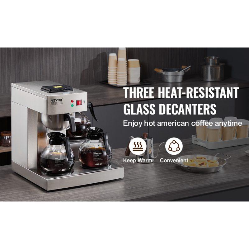 VEVOR 12 Cups Commercial Drip Coffee Maker, Coffee Maker Machine with 3 Glass Carafes and 3 Warmer Plates, Stainless Steel Pour Over Coffee Brewer with Auto Water Intake, for Restaurant Office Cafe