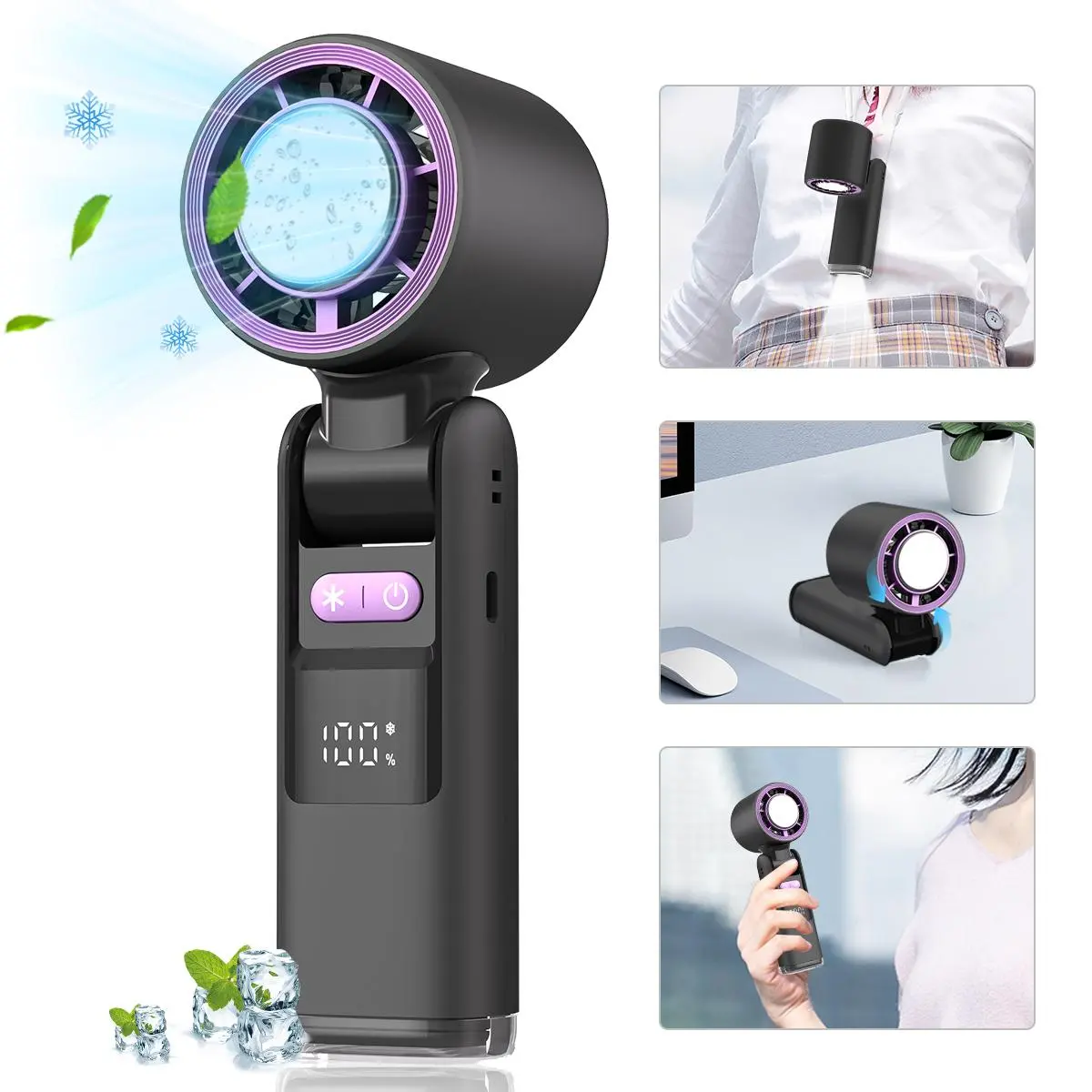 Portable Handheld Turbo Fan with Ice Cooling, Rechargeable Personal Fan, Up to 12 Working Hours, 3 IN 1 Hand Fans with Air Turbo Tech Cooling Fan for Outdoor Activities, Travel, Beach