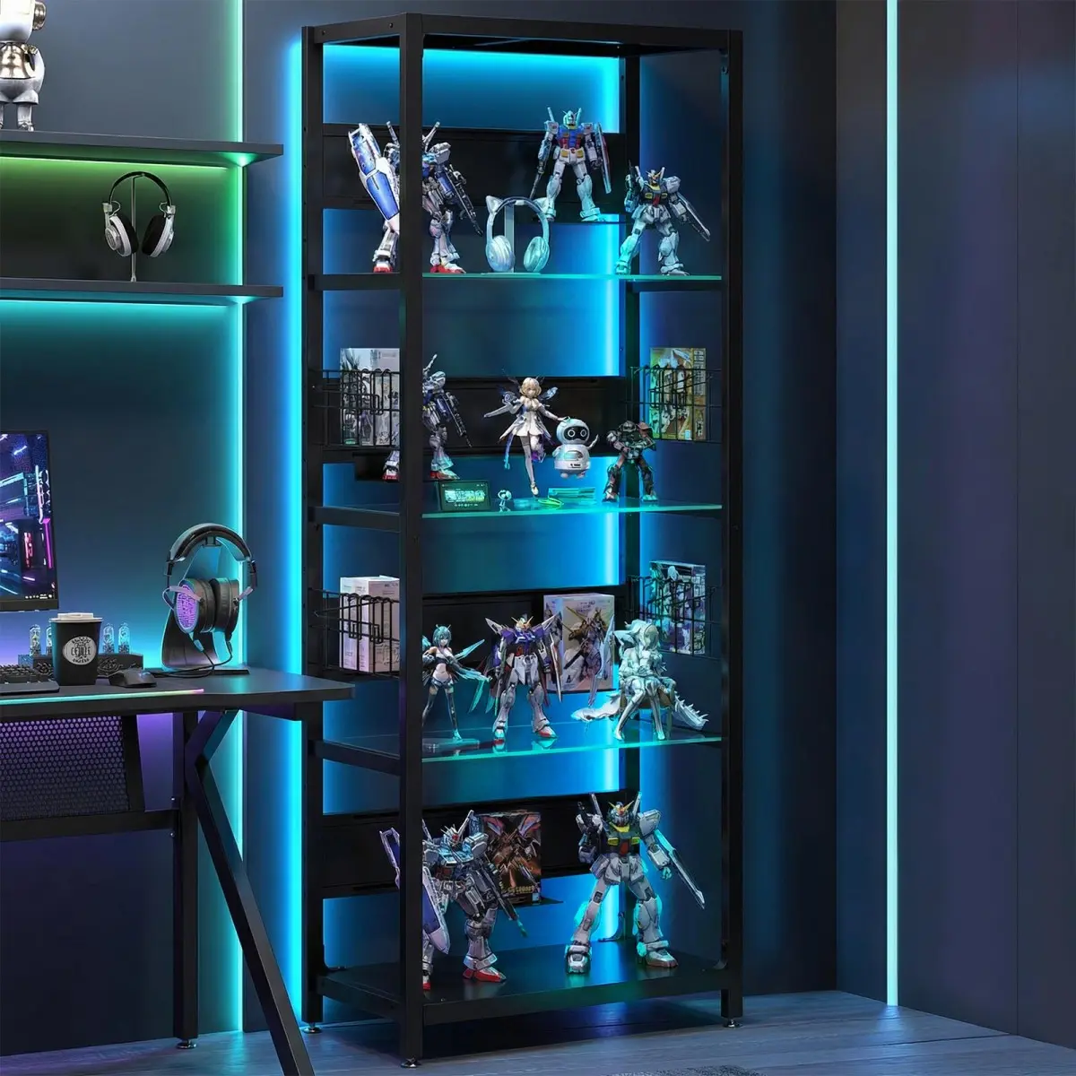 4-Tier Freestanding Glass Display Shelf (65.00in x23.60in x13.80in, 38.58 lbs) - Contemporary Sturdy Metal Frame RGB LED Lighting Curio Cabinet with Adjustable Storage Box, Hooks, Collector Display, Living Room, Gaming Room, Kitchen, Clean Aesthetic, Rgb