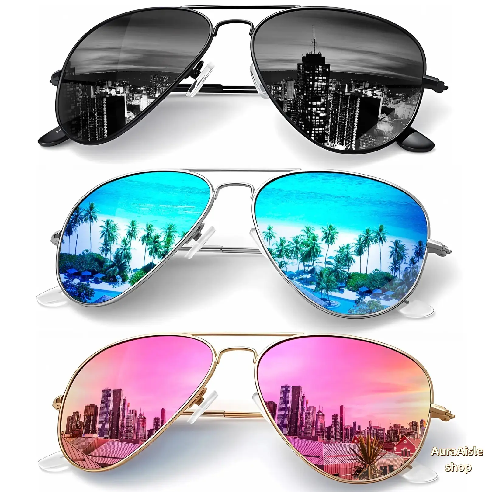 Unisex 3-Pair Classic Vintage Aviator Sunglasses - Polarized Anti-Glare Lenses, Full UV Protection - Ideal for Driving, Outdoor Travel