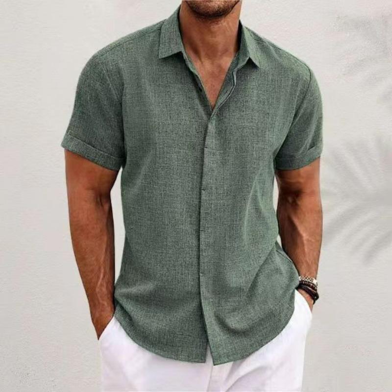 Men‘s Double Placket Cotton Linen Short Sleeve Shirt Premium Solid Color Button Front Summer Top