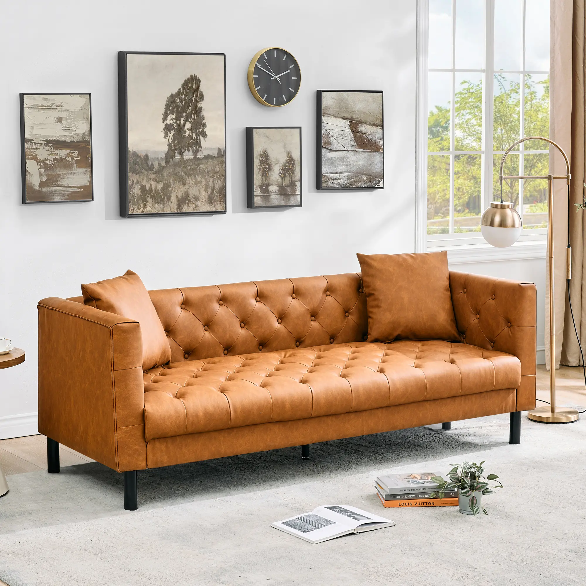 Mid-Century Modern Chesterfield Sofa – 81" Faux Leather 3-Seater Couch, Deep Seat, Handmade Button Tufting, 2 Pillows, Comfortable Upholstered Seating for Living Room, Apartment, or Office, Available in Orange or Charcoal