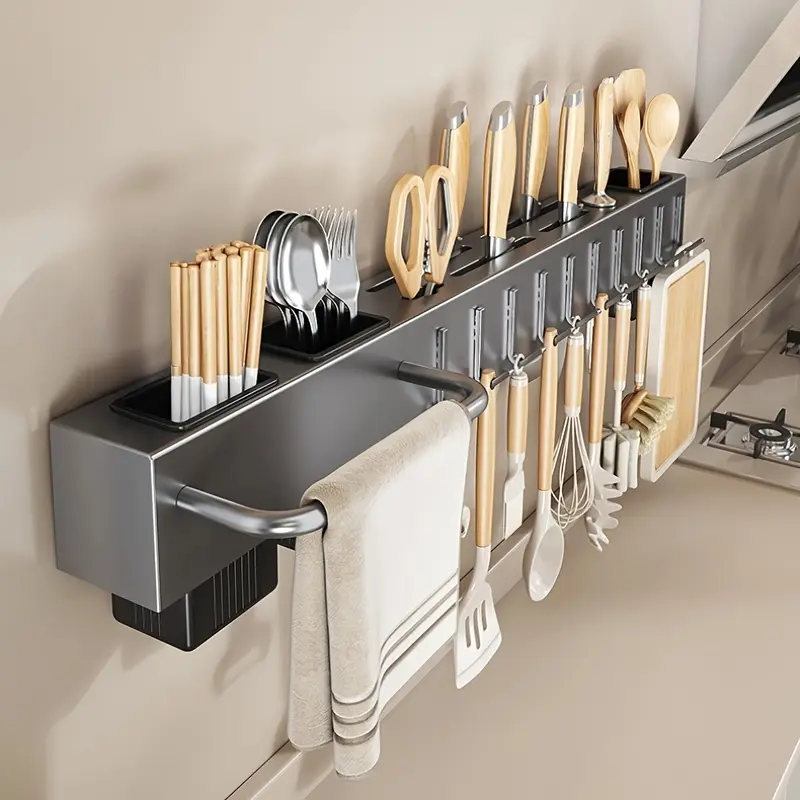 1 Pc Multifunctional Wall Mounted Kitchen Storage Rack, Heavy Duty Carbon Steel Knife Holder, Professional Japanese Style Organizer, No Drill Installation, Space Saving for Knives, Tableware and Cutting Boards at Home & Restaurant