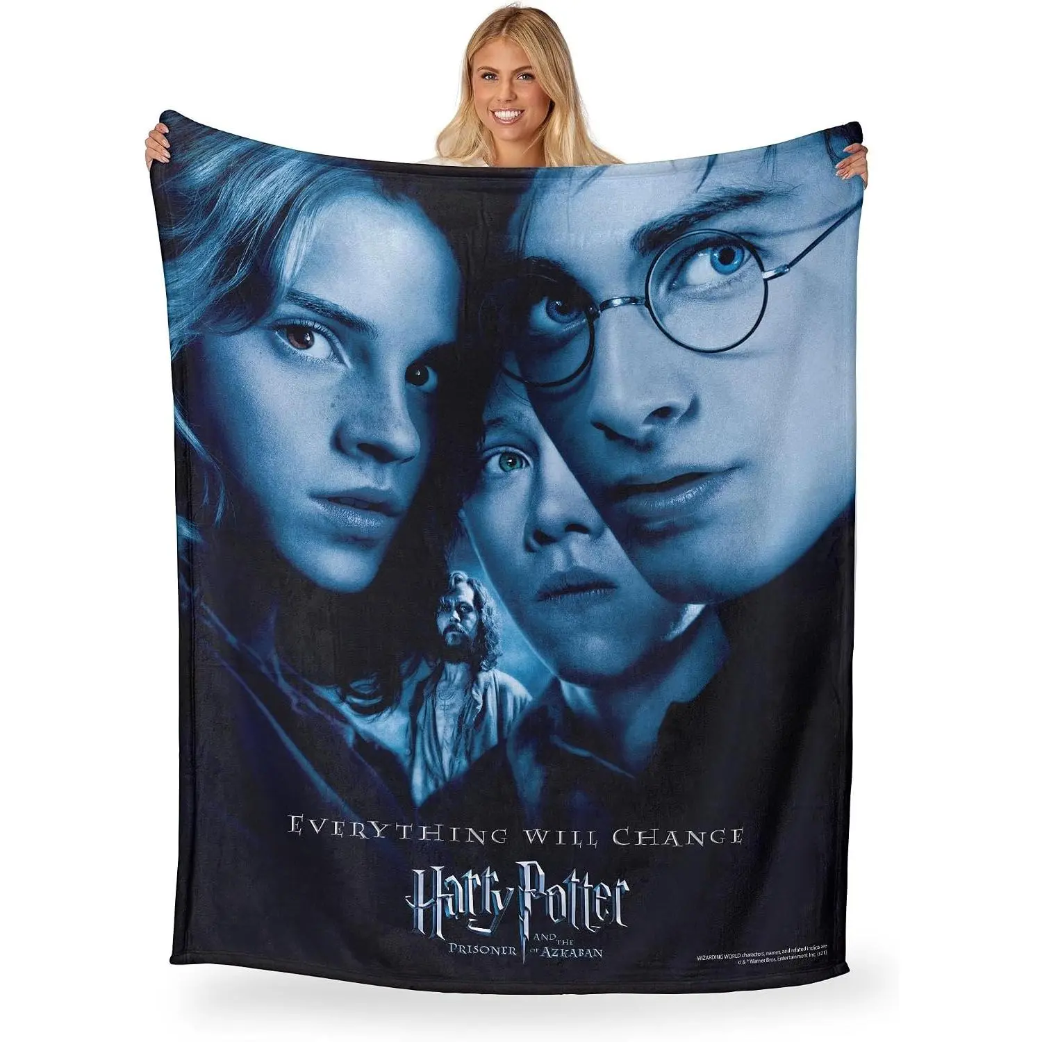 [Back To School]Harry Potter Prisoner of Azkaban Movie Poster Throw Blanket, Dark Blue Tonal Harry Hermione Ron Sirius All Season Sofa Bed Cover, Wizard Film Realistic Lightweight Foldable Travel Blanket, HP Movie Fan Nostalgic Holiday Housewarming Gift