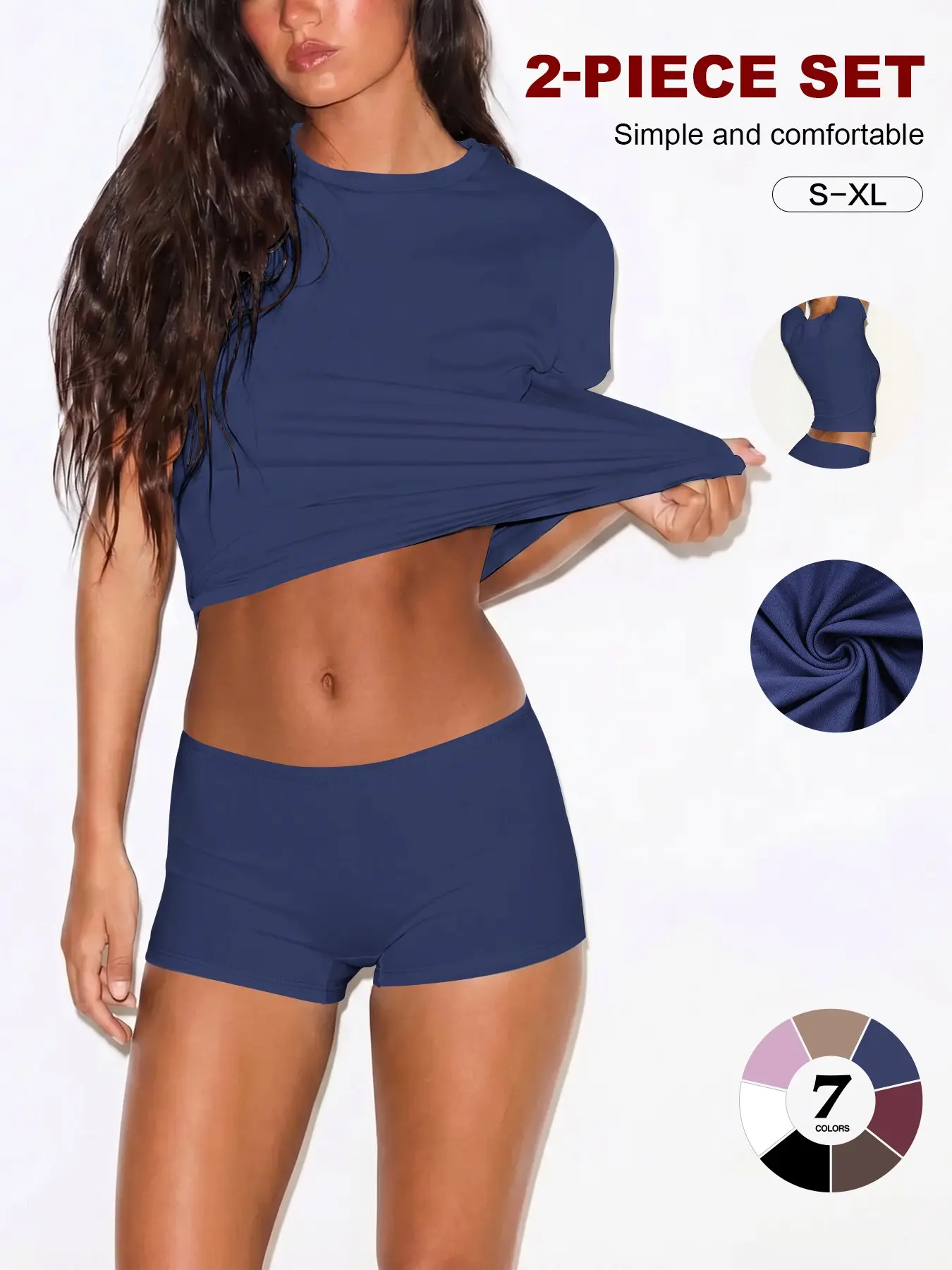 Women's Short Sleeve Crew Neck Basic Loungewear Set, Crop Top Low Rise Boyshorts, Summer Casual Sleepwear, Pajama Set, Plain Design, Drawstring, Above the Knee, Pjs, Pyjamas, Matching Pj Set