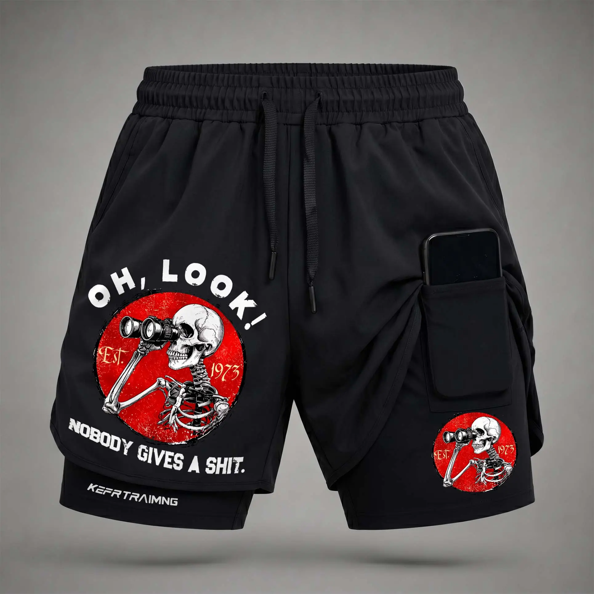 Men’s “Oh, Look! Nobody Gives A Shit” Graphic Print 2-in-1 Athletic Shorts, Built-in Compression Liner, Secure Inner Phone Pocket, Elastic Drawstring Waist, Quick-Dry Gym Running Training Shorts for Summer Daily Wear