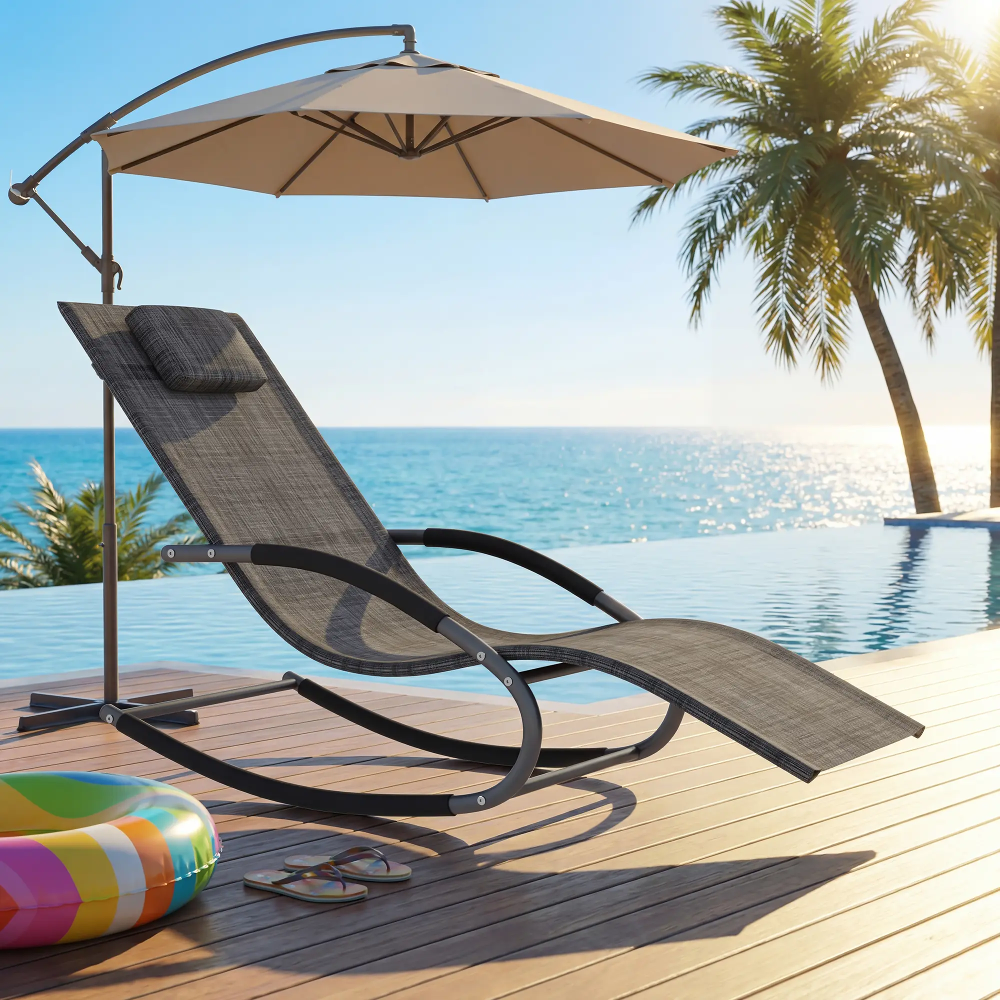 Outdoor Lounge Rocking Chair – Folding Patio Chaise Recliner with Removable Pillow, Heavy Duty Steel Frame & Breathable Mesh, Comfortable Chair for Pool, Garden, Lawn