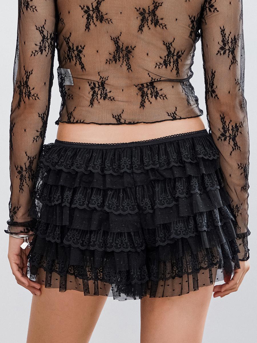 Women Mesh Lace Bloomer Shorts Y2k Layered Ruffle Frilly Booty Shorts Fairy Bowknot Boy Shorts Panties Party Clubwear