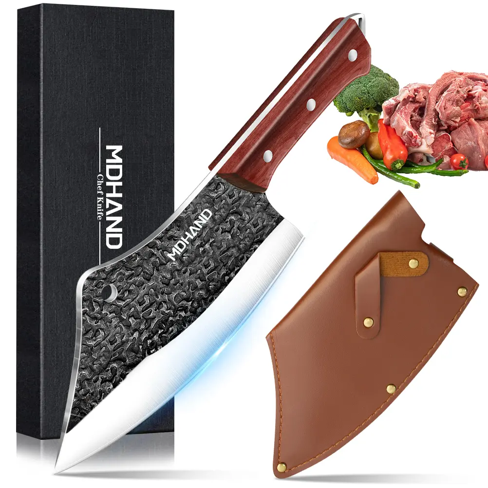 7 Inch Hand Forged Serbian Chef Knife, High Carbon Steel Meat Cleaver Butcher Knife with Oak Wood Handle, Full Tang Viking Kitchen Knife with Leather Sheath