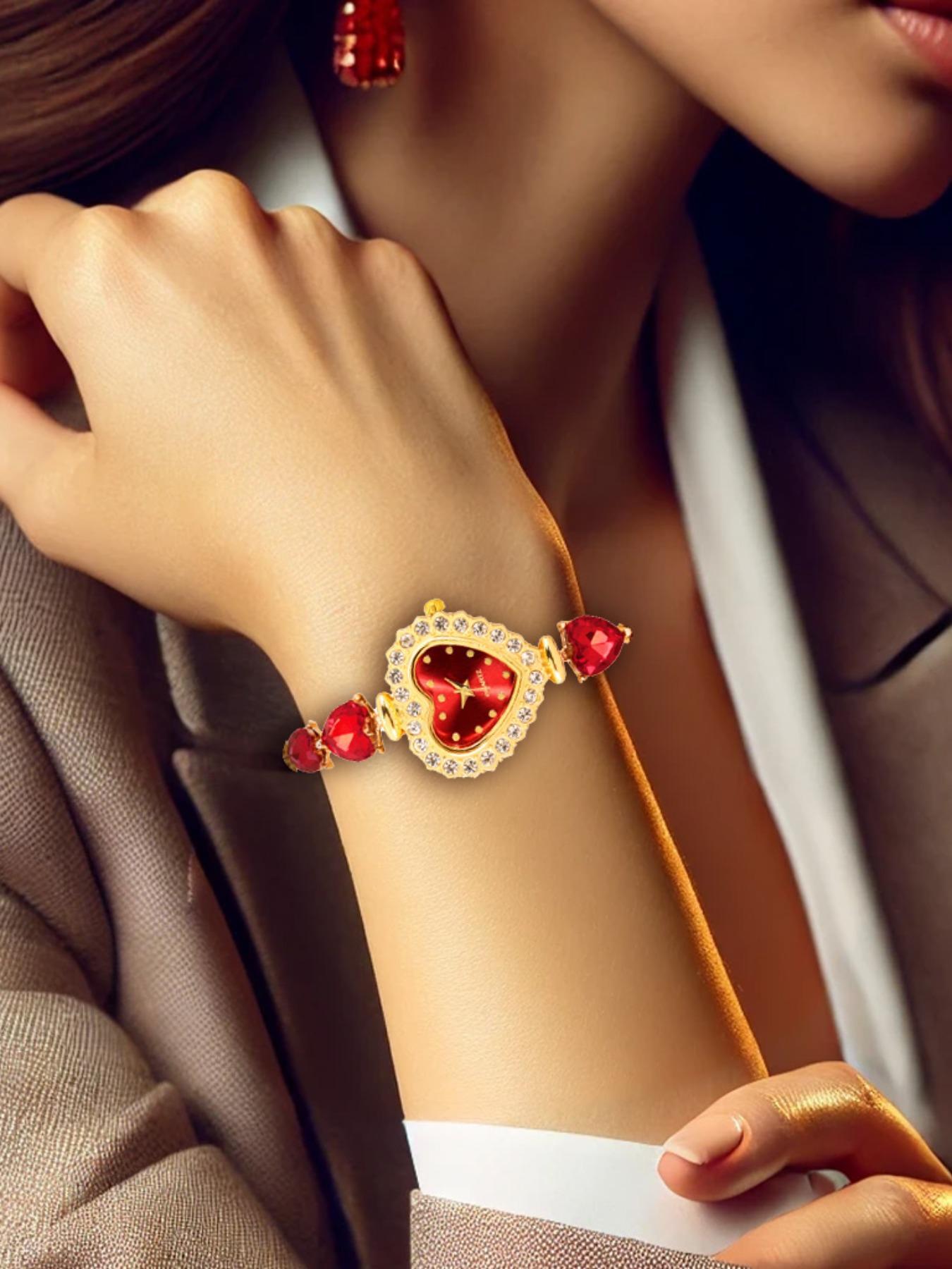 Women's Elegant Love Heart Shaped Quartz Watch & Fashionable Jewelry Set, Including Rose Gold Watch & Box & Necklace & Ring & Earrings, Fashion Watch Set for Women As Gift