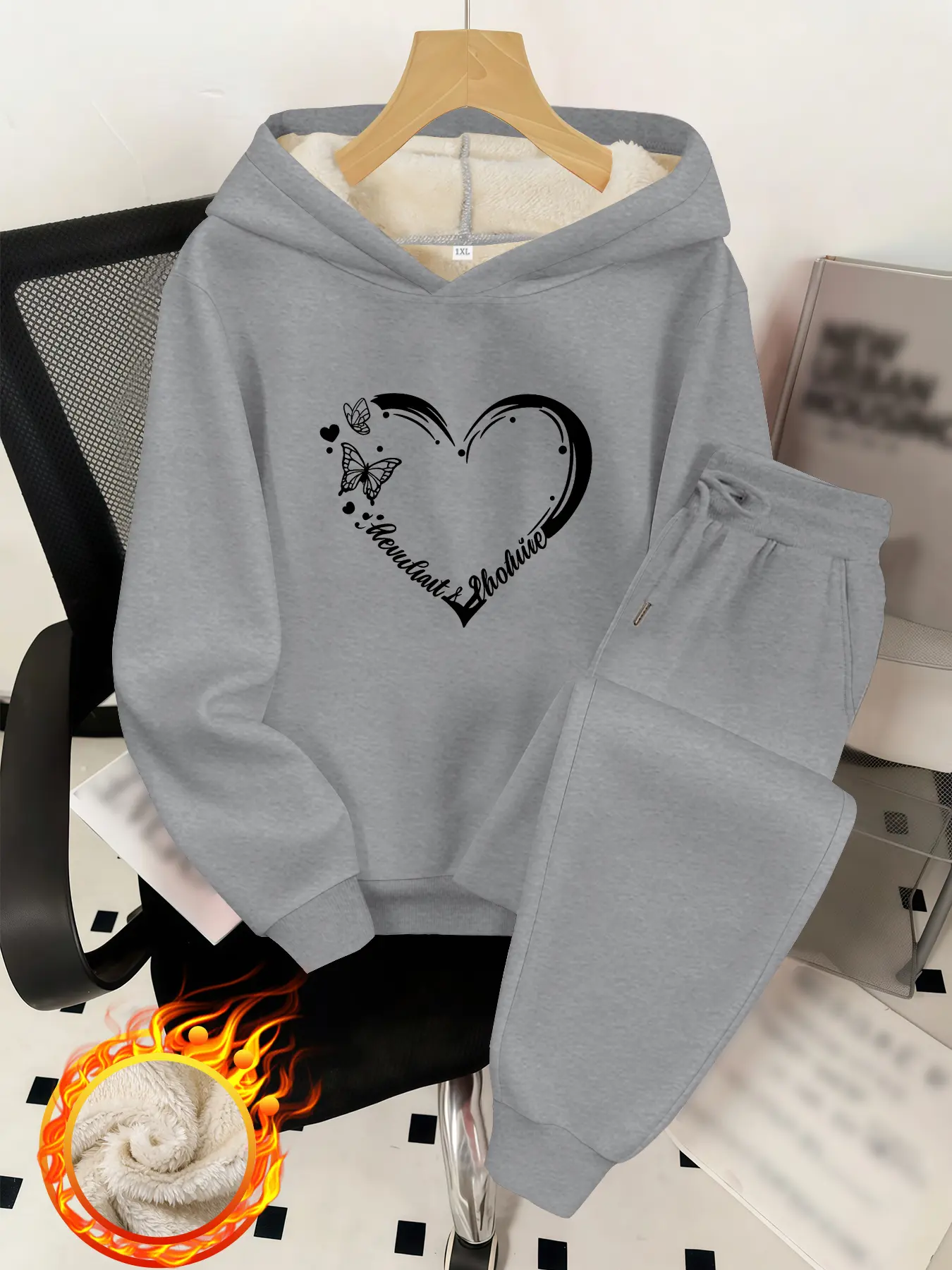 2-piece set, letter butterfly patchwork heart plus size women's autumn and winter fleece-lined thickened hooded sweatshirt and sweatpants set, fleece-lined winter long pants set