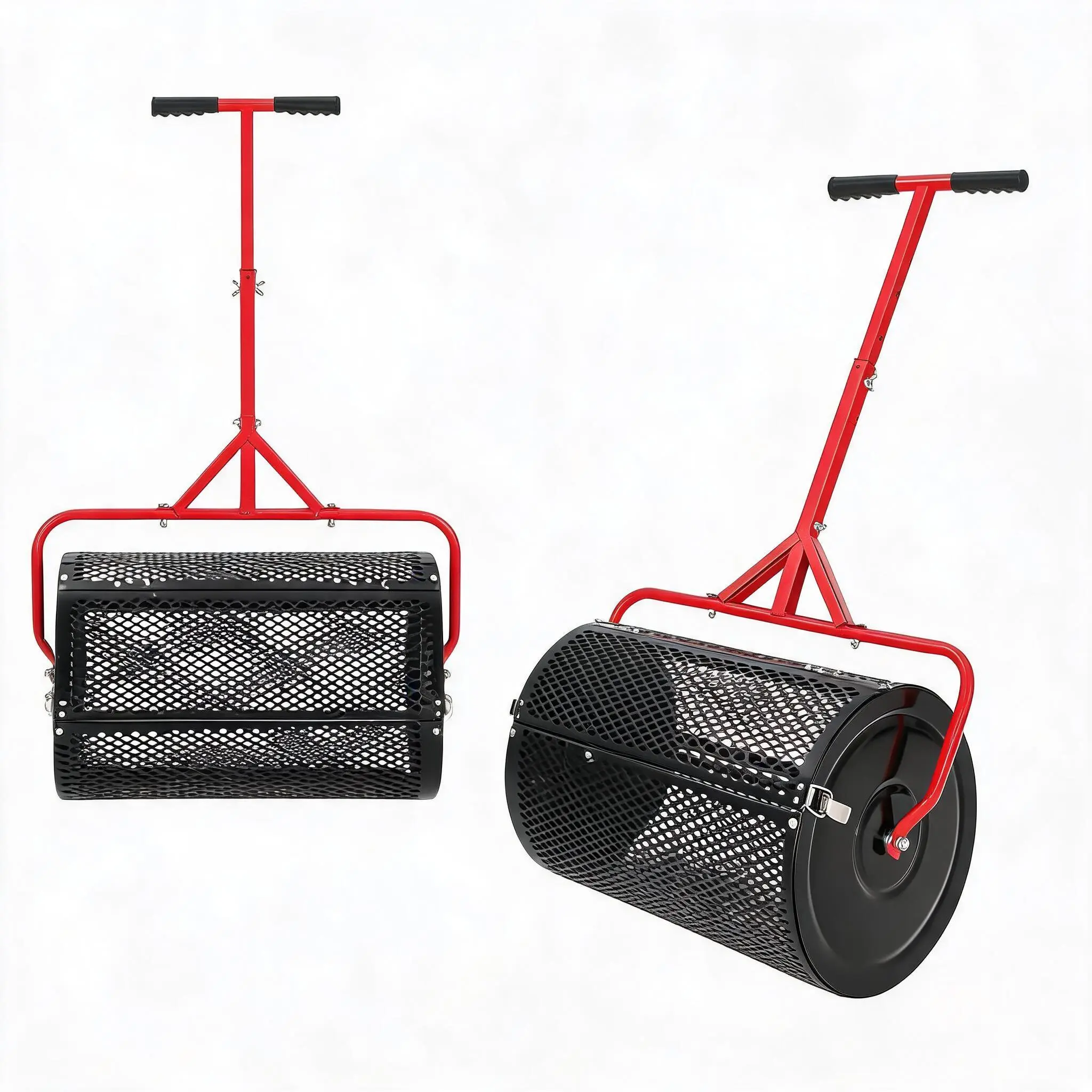 24" Compost & Peat Moss Spreader Roller - Metal Mesh Top Dressing Lawn Spreader, Powder-Coated Steel, Adjustable T-Handle (3 Heights), Side Latches - For Grass Seed & Fertilizer