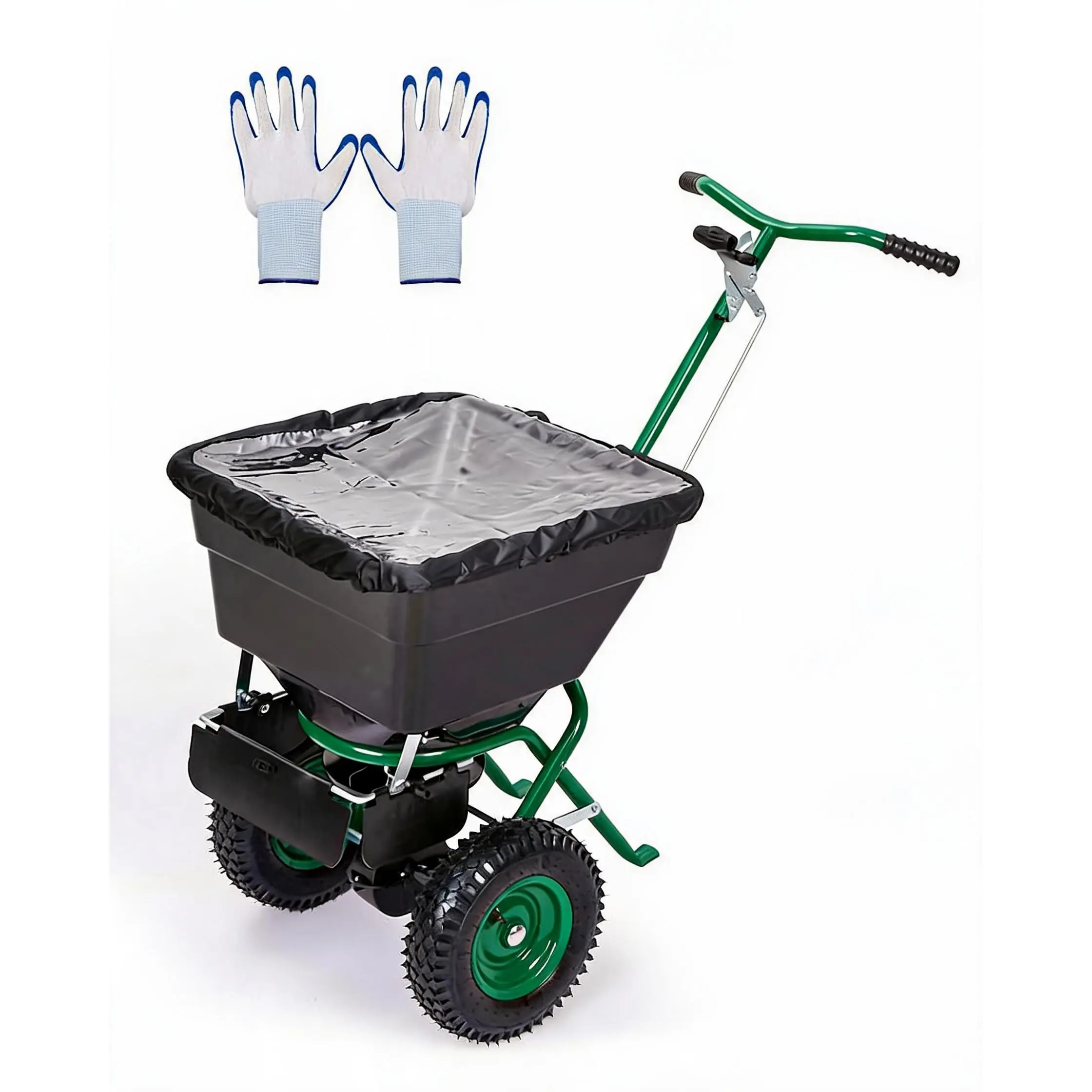 Versatile Push Broadcast Spreader – 80lb/100lb Large Capacity, 12ft Wide Coverage, Adjustable Drop Rate, 10" Pneumatic Wheels, Rain Cover & Gloves, Durable Poly Carrier & Steel Frame, for Lawn & Garden
