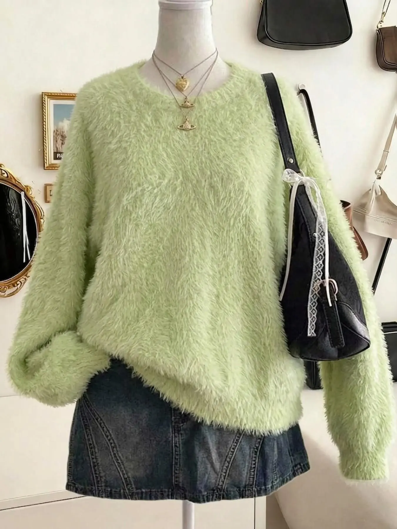 Women's Fresh Light Imitation Mink Faux Fur Crew Neck Sweater, Soft Plush Loose Lazy Style Pullover Knit Top, Comfortable and Cozy