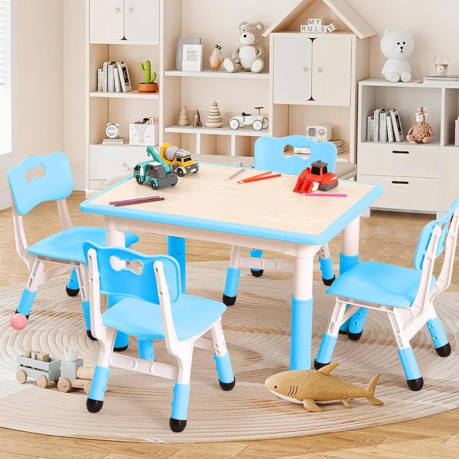 Kids Table and 4 Chairs Set, Height Adjustable Toddler Table, Graffiti Desktop, Children Multi-Activity Study Table With Non-Slip Legs, Classroom/Daycare/Home, Children Multi-Activity Table for Ages 2-10, Blue/Pink/Green/Grey/Wood