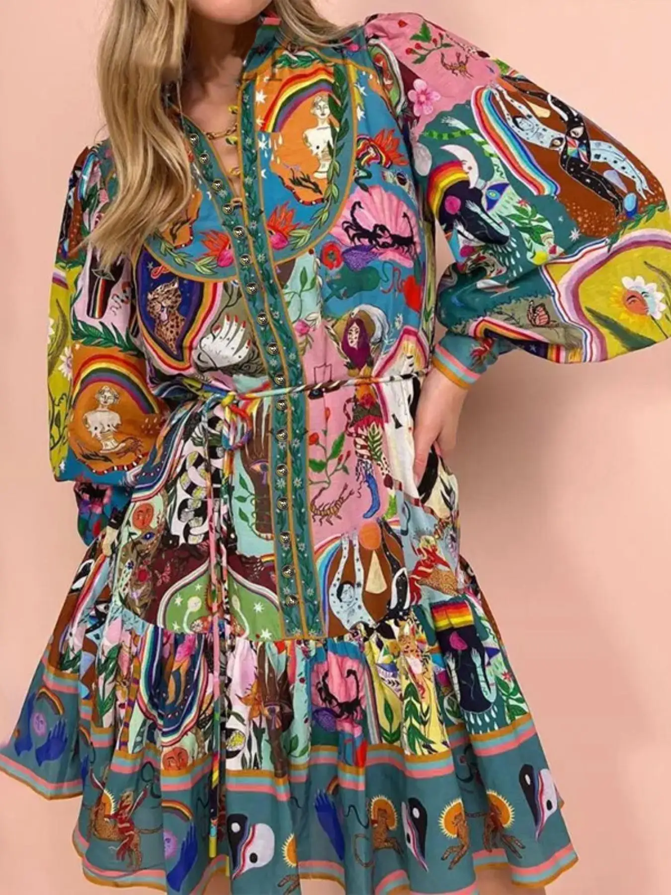 Vintage Bohemian Floral Print Pleated Long Sleeve Dress with Ruffled Hem, Waist-Tied Design, Casual Boho Elegant Wear, Elegant Feminine Round Neck for Summer & Spring Fashion Women