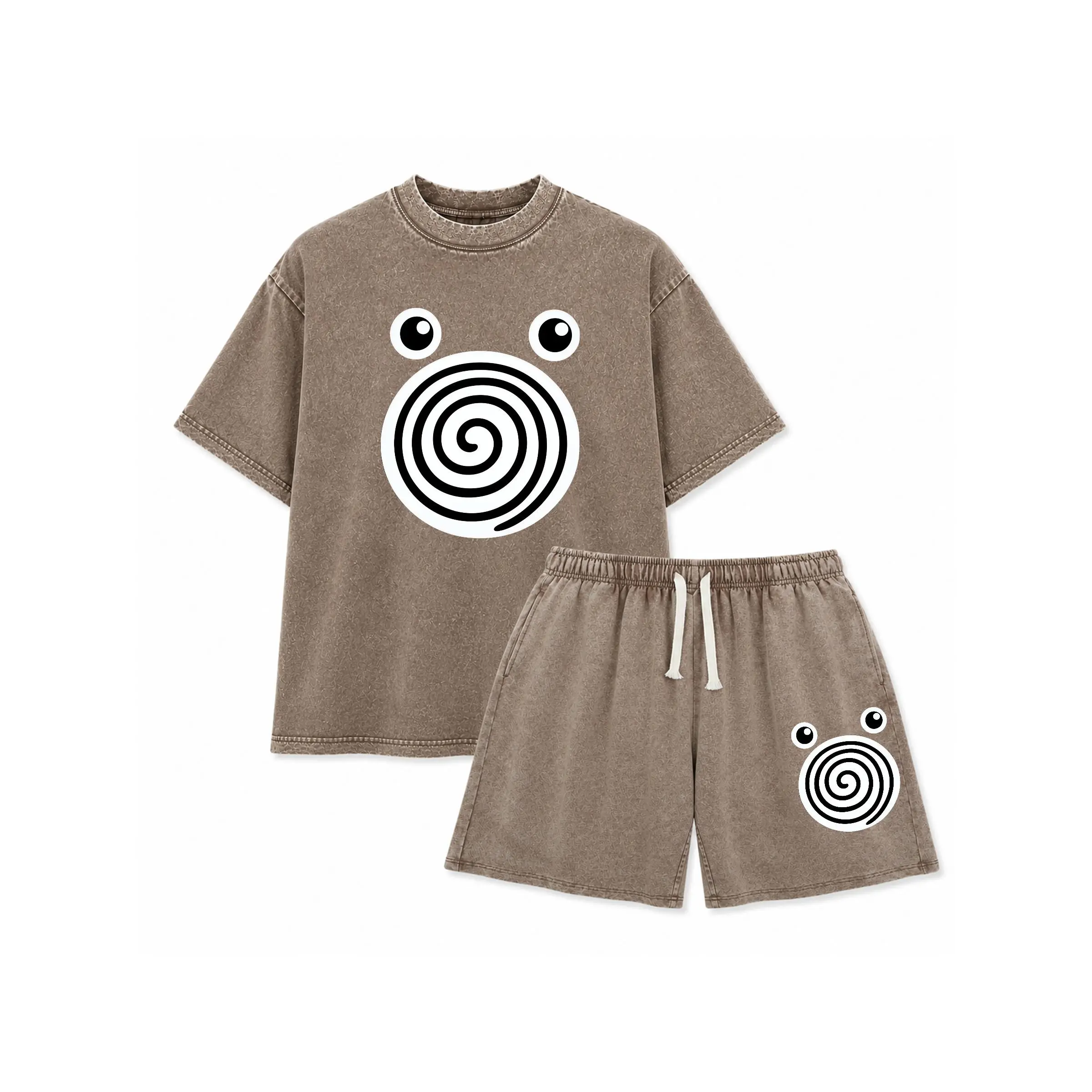 Men's Unisex Pocket Monsters Washed Cotton T-Shirt - Spiral Big Eyes Cartoon Art Pattern, Retro Streetwear Aesthetic, Summer Wear, Father's Day Gifts
