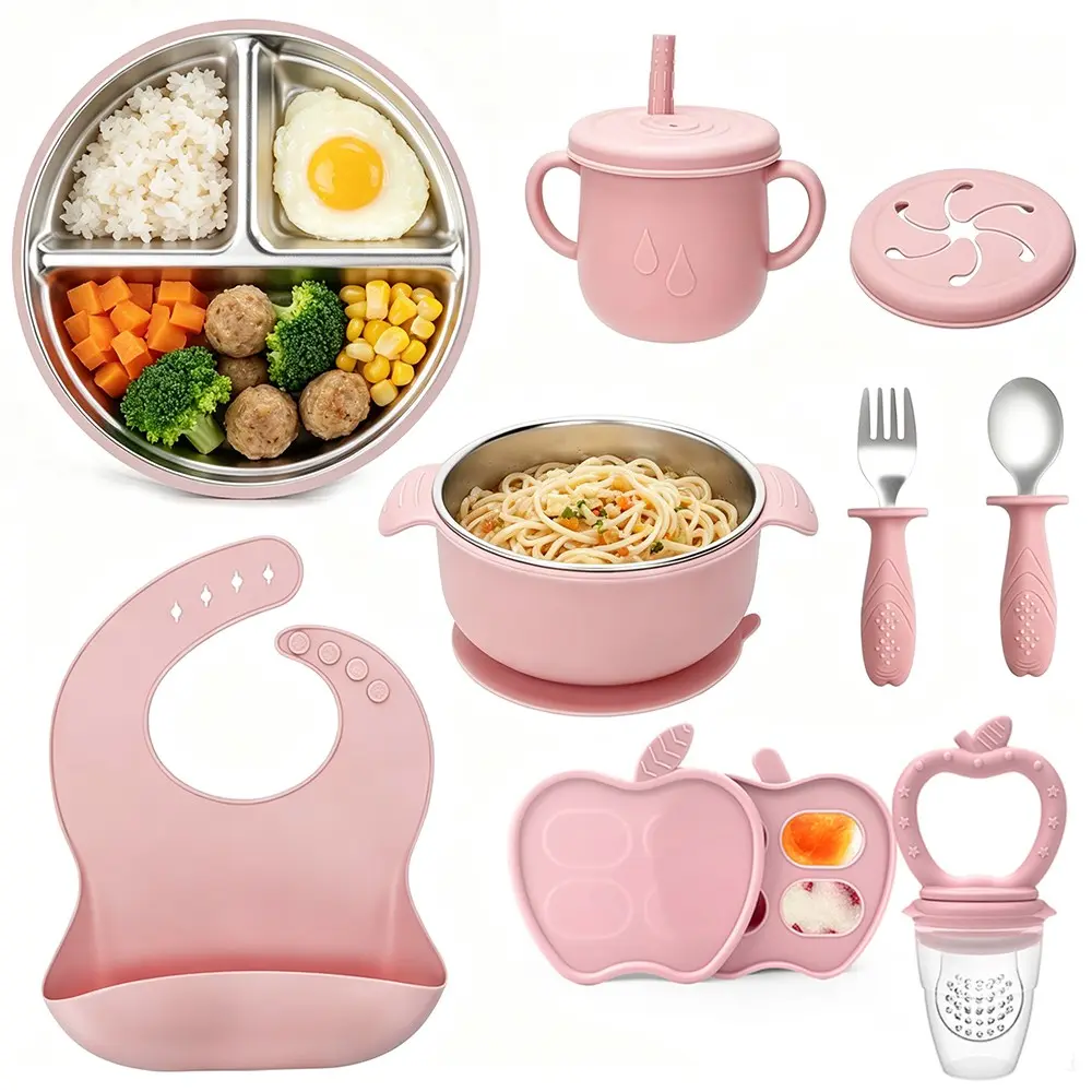 9-Piece Stainless Steel Baby Feeding Set, Toddler Dinnerware Set, Includes Bowl, Fork, Spoon, Plate, Bib, Apple baby fruit feeder Teether, Fruit Veggie Ice Cube Tray