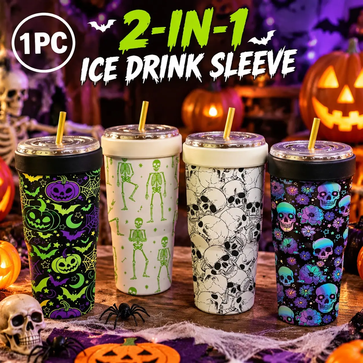 1PC 32oz Neon Pumpkin & Skull Print 2-in-1 Insulated Tumbler & Iced Coffee Cup Sleeve, Leak-Proof Double Wall Stainless Steel Travel Mug, Cold 12+H & Hot 6+H, Fits 16–32oz To-Go Cups, Halloween Gift for Friends & Family