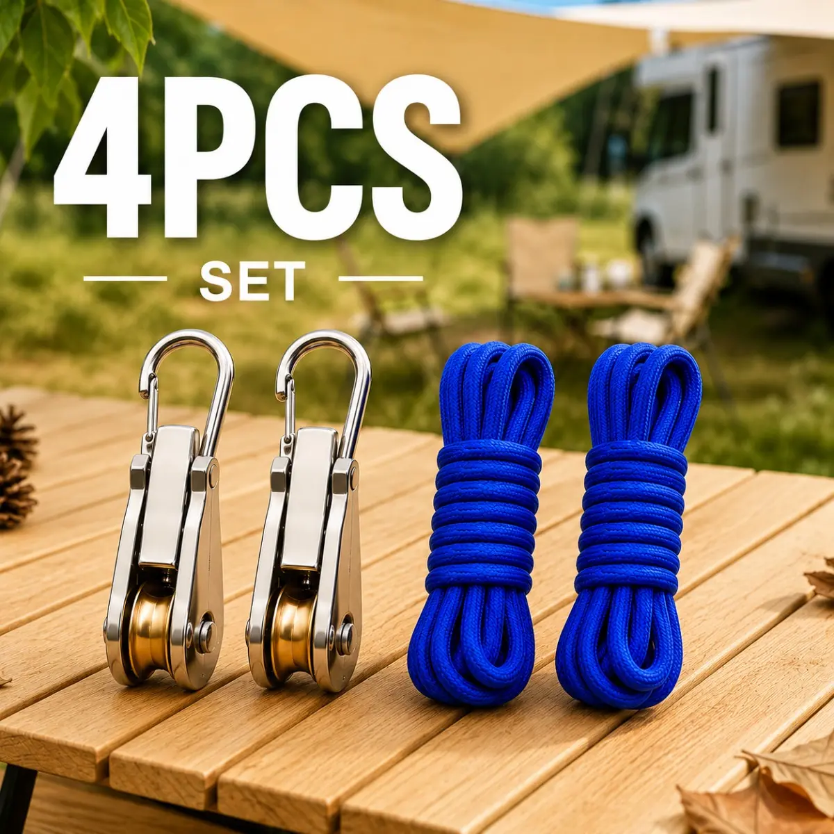 Rope Tensioner Kit with Roller Pulley System and Locking Buckles, Adjustable 100LB Tie Down Set with Metal Hooks and Nylon Rope for Camping Tents, Canopies, Clotheslines and Outdoor Gear, Durable Outdoor Fastening Tool
