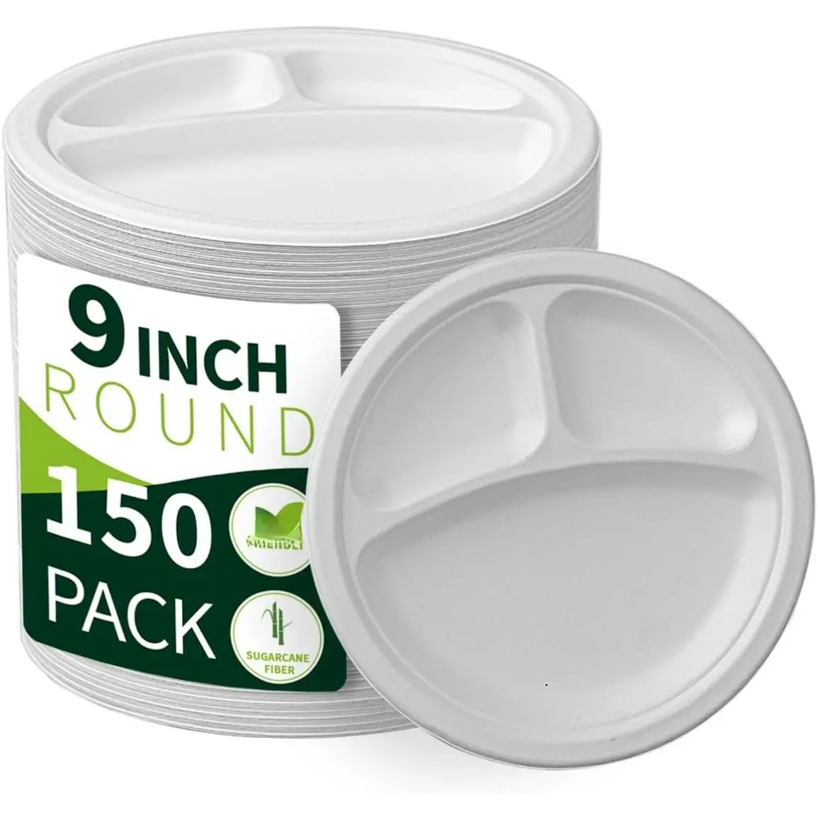 9 Inch 3 Compartment Paper Plates 【White 150 Pack】, Compostable Divided Plates,  Sugarcane Bagasse, Heavy Duty Disposable Plates for Lunch, Salad, BBQ, Picnic