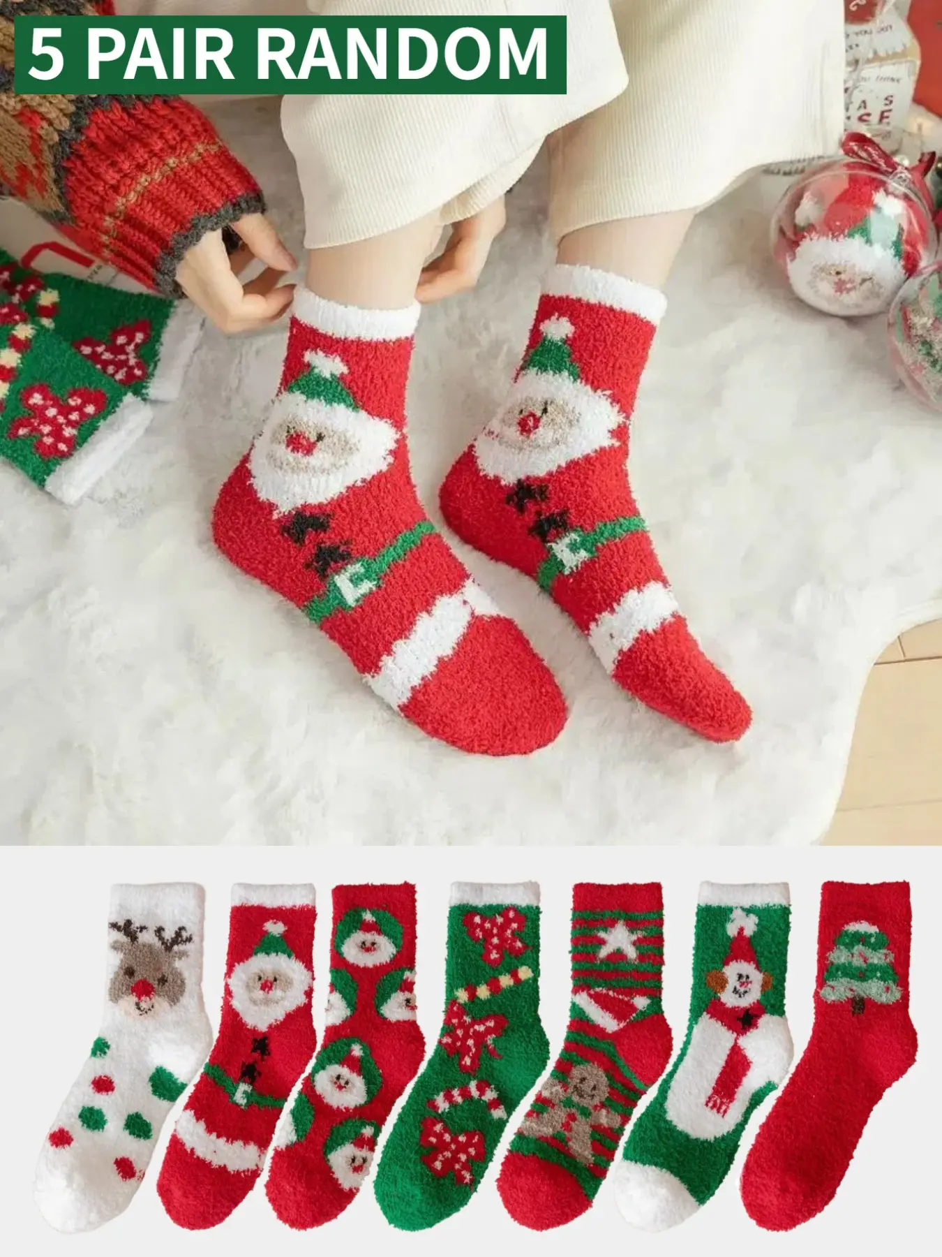 5-Pair Random Selection: Surprise Santa & Reindeer Coral Fleece Mid-Calf Floor Socks, Mid-Calf Socks, Knee-High Socks – Red & Green Christmas-Themed Ultra-Soft, Warm Loungewear Sock Set – The Perfect Holiday Gift