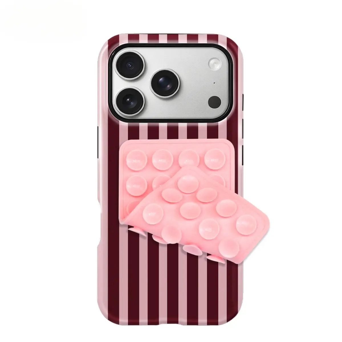 Koolife 2PCS Dark Red Pink Striped Smartphone Case + Double-Sided Suction Cup Mount, Accessories, Glossy Hard PC+TPU Shockproof Cover, Shockproof Protector Casing Compatible with iPhone 17 17Pro 17ProMax 17Air 16 15 14 13 12 11 XR X XS XS Max