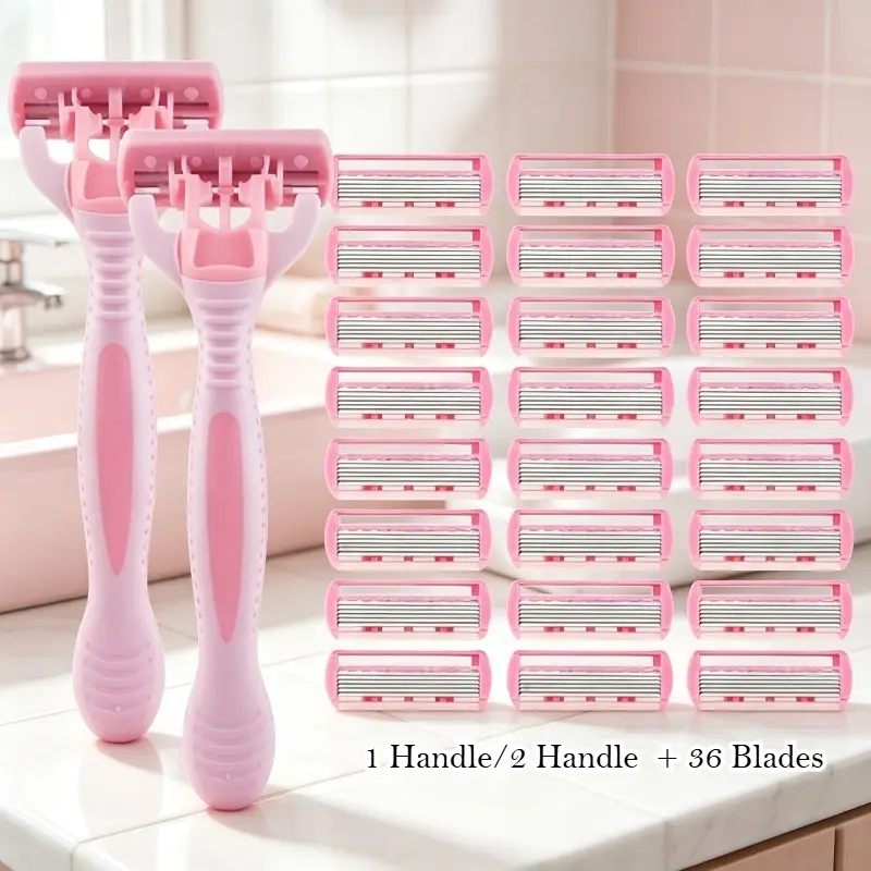 Portable Women's Body Shaving Razor Kit, Pink 5-Blade Safe Razor with Lubricating Strip, Non-Slip Handle with Replacement Blades, Smooth & Gentle Shaving Without Irritation Shaving Razors Set