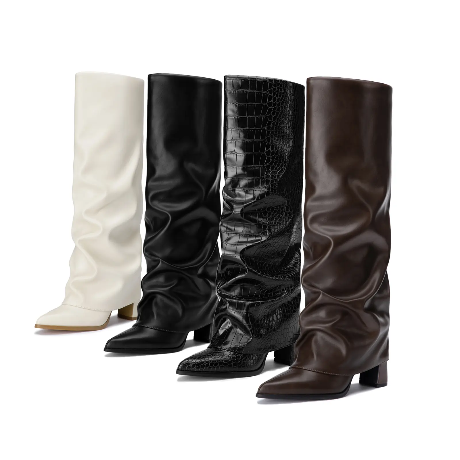 Athlefit Women's Trendy Slouchy Fold Over Wide Calf Knee High Boots, Retro PU Leather Pointed Toe 3.17in Chunky Heel, Slip Resistant Party Footwear for Fall Winter & All‑Seasons Walking Shoes