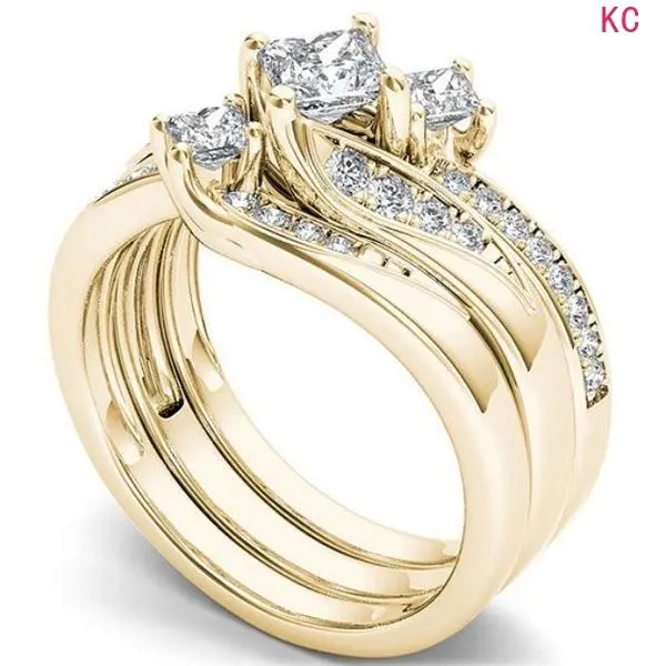 18K Gold Plated Three-Piece Ring Set With Micro Paved Zircon, Elegant Finger Jewelry For European American Engagement Occasions