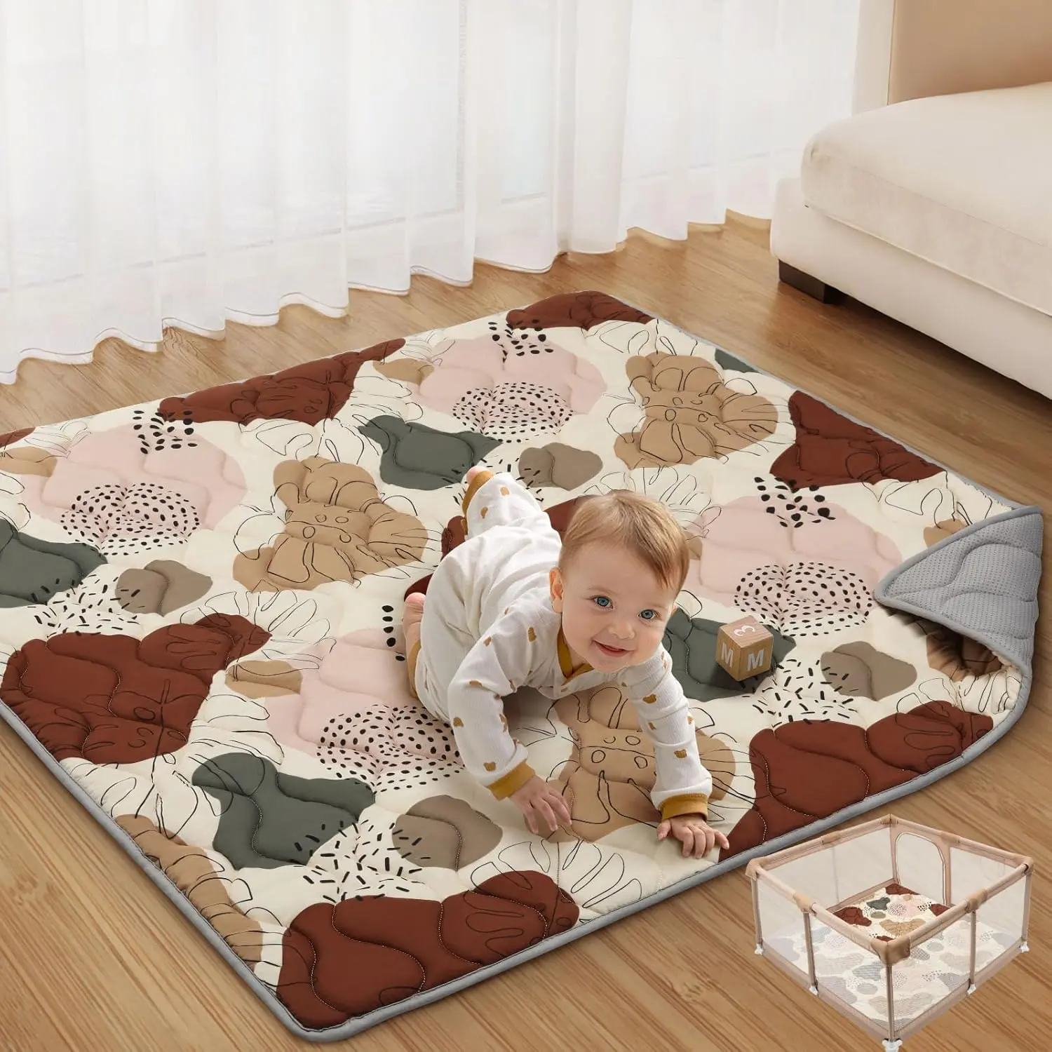 Boho Baby Play Mat for Floor & Playpen, 50x50 Foldable Machine-Washable Mat, Thick Soft Foam Padding for Infants & Toddlers