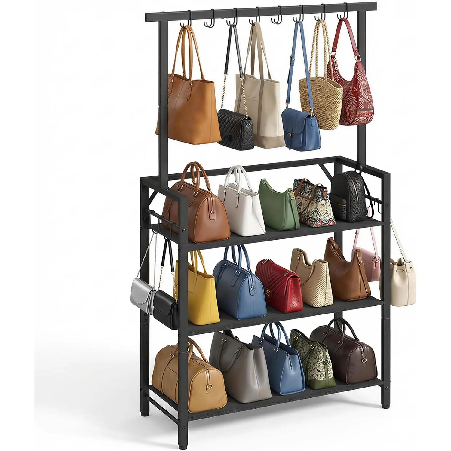 Large Capacity Purse Organizer, Purse Rack Stand with 14 Hooks | 3-Tier Handbag Storage Organizer for Closet, Floor Standing Purse Shelf for Small Spaces, Bedroom, Entryway, Black