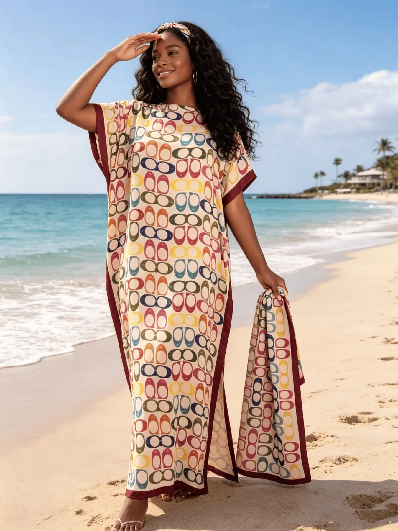Soft Cream Base Vibrant Multi-Color Interlink Geometric Print Silky Satin Chic Boho Kaftan 2 Piece Outfit with Coordinating Scarf, Oversized Plus Size Casual Loungewear, Versatile Beach Swim Cover Up, Tropical Resort Formal Long Dress