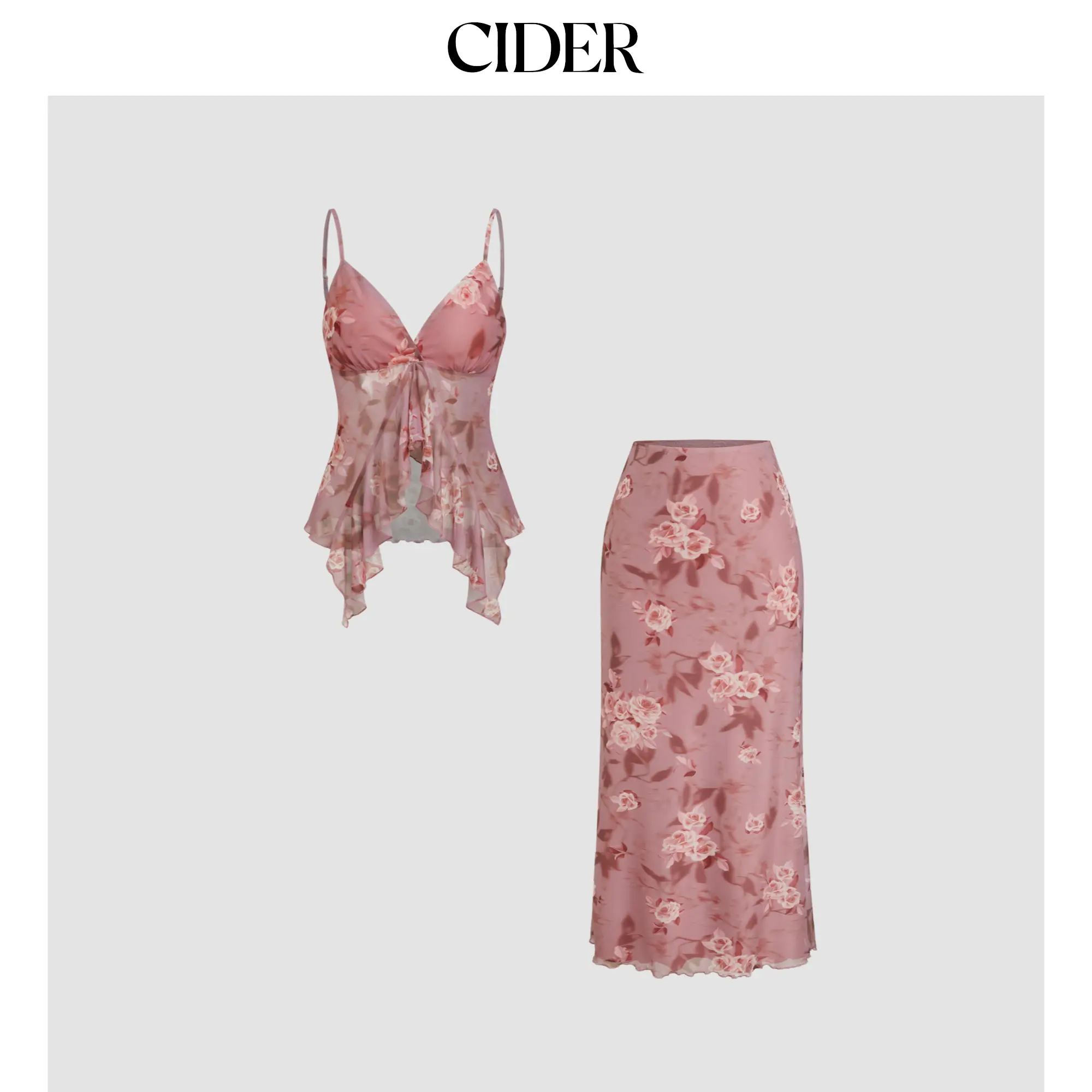 Cider V-neck Floral Ruffle Cami Top & Mid Rise Maxi Skirt Set