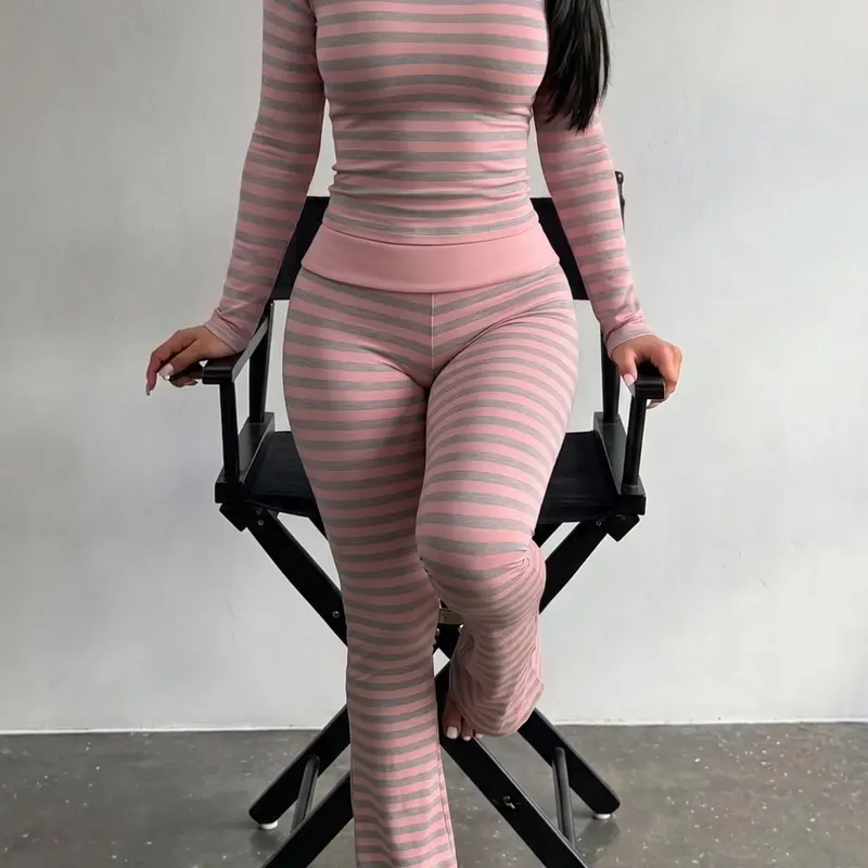 Striped Ribbed Crew Neck Long Sleeve Top Flare Pants Two Piece Set Clothes Women Bodycon Matching Outfit ideal for street shooting daily outings date shopping and casual lounge outfits