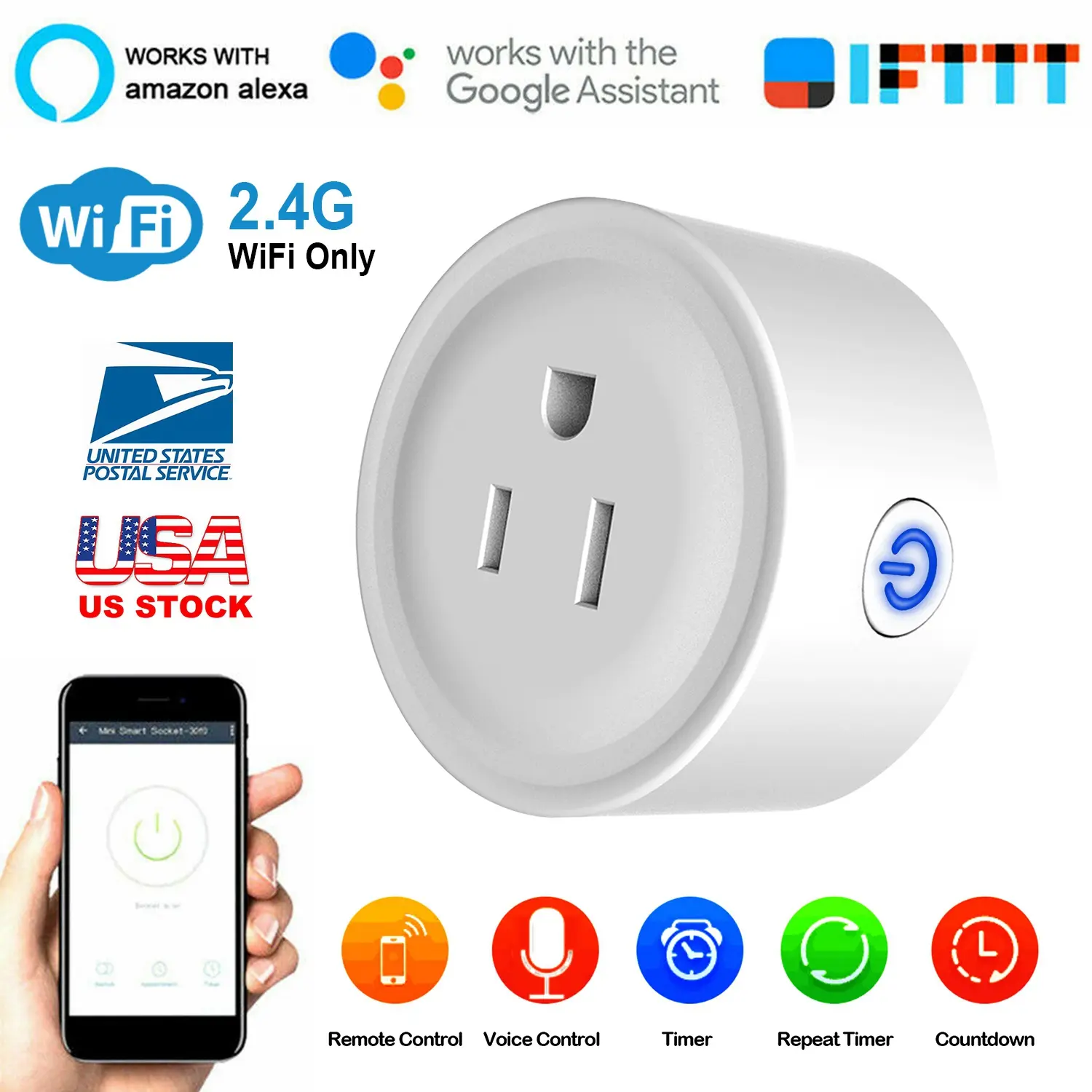 WiFi Smart Plug Outlet - Wireless Smart Socket for Electronic Devices, 100-240V 10A Max, APP Remote Control, Amazon Alexa & Google Voice Control, Countdown Timer (US Standard)