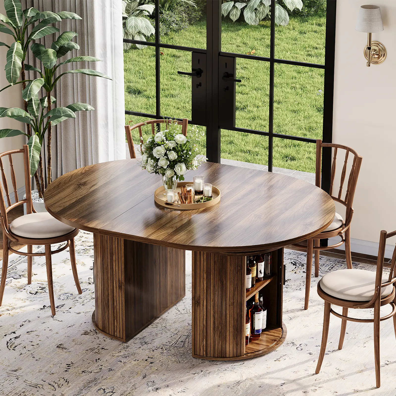 47.5 in-68 in Extendable Dining Room Table for 4-8, Round Expandable Kitchen Table with Fluted Base, Modern Farmhouse Oval Dinner Tables for Dining Room Kitchen Living Room,dorm essentials,home decor