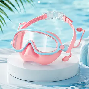 Oversized Anti-Fog Swim Goggles for Swimming, High-Definition Clarity, Comfortable Silicone Cushions & Strap, Pink Frame with Blue Pads, Kids Swim Goggles for Outdoor Use