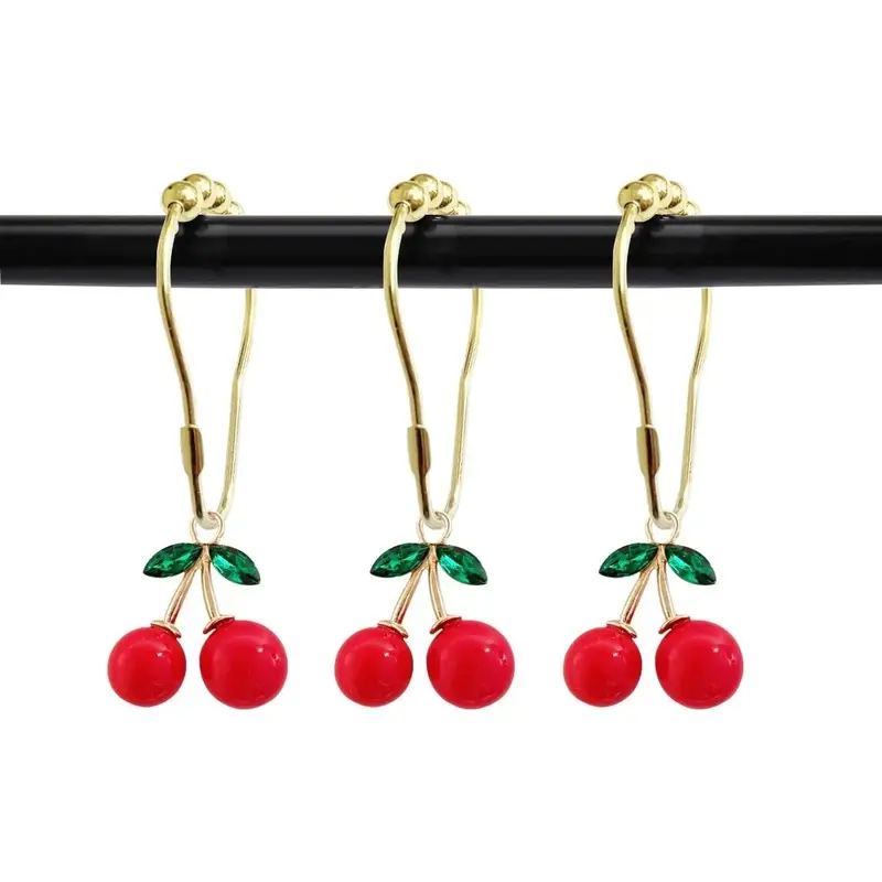 Set of 12 Cherries Shower Curtain Hooks Rings, Red Cherry Pendant Decoration, Fruit Style for  Bathroom, Stainless Steel Hooks Rustproof (Red-Cherry)