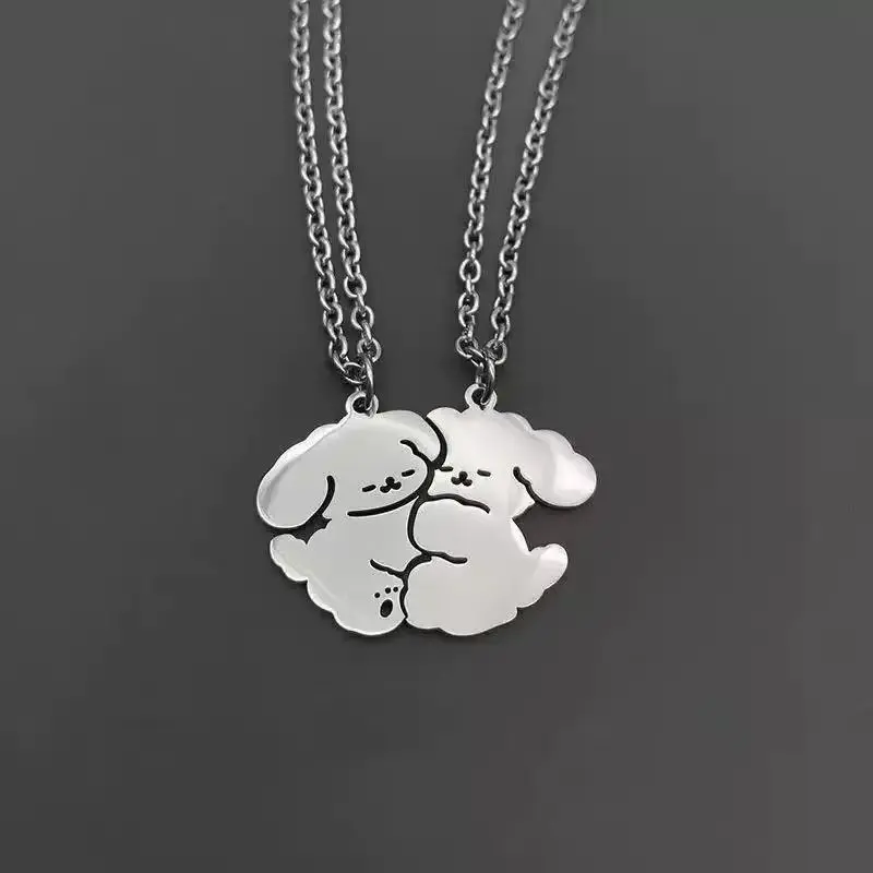 2Pcs Hugging Puppy Split Matching Bestie Couple Necklaces Rust-free