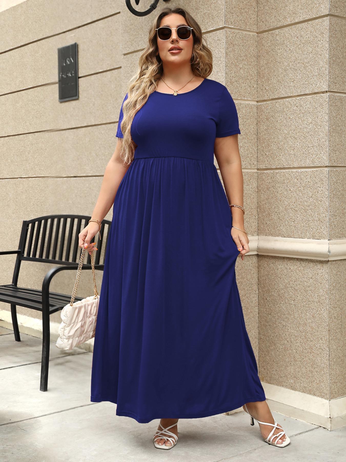 Women's Round Neck Stretchy Casual Long Plus Size Dress, Fitted, Perfect for Bridesmaids, Vintage Style Wedding & Party Wear, Comfortable Fabric, Summer Wear