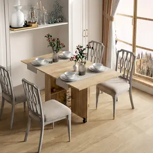 ARCH Folding Dining Table with Wheels and Storage Shelves, Rectangular Drop Leaf Dinner Table for 6, Space Saving Kitchen Table, Modern Wood Laminate, 55x31.5x29.1 Inches, Pear Wood Color, Wood Color Options, Particle Board Material